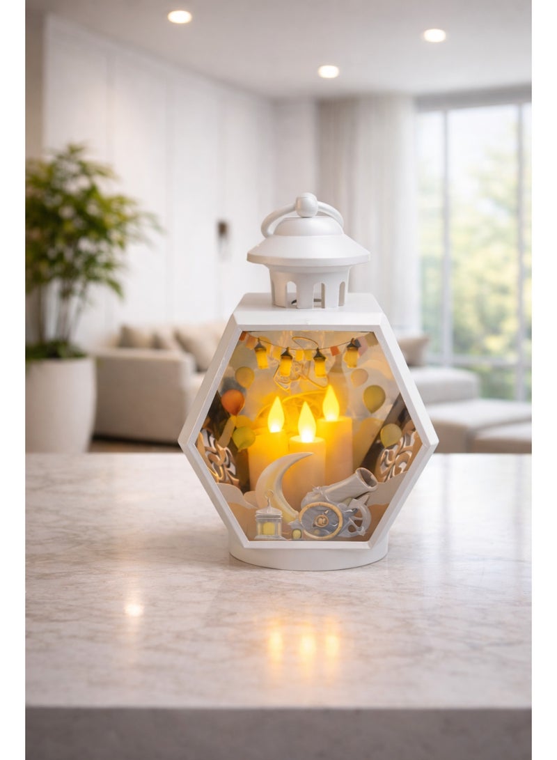 White Acrylic Ramadan Lantern 23 Cm – 3 Led Candles – Shelf & Hanging Use – Model K06-169 - Image 2